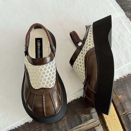 Women's thick-soled sandals 2025 summer lace mesh fisherman shoes heightening toe half slipper fairy net beach shoes 