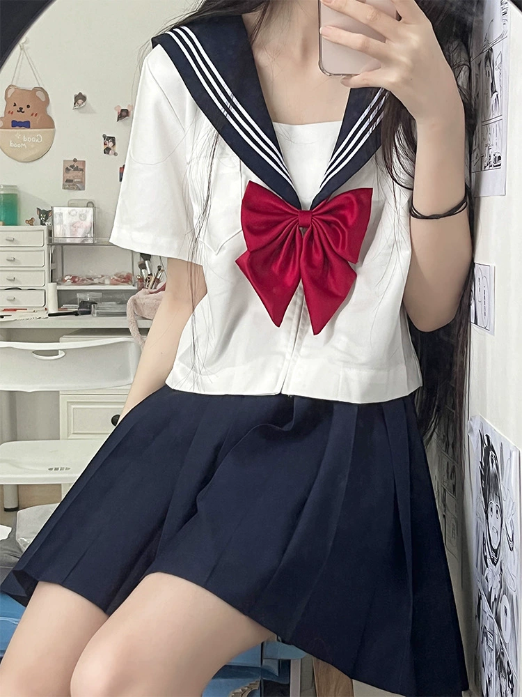 Pleated school skirt set, multiple lengths 43/65/80 cm, navy & tibetan blue, sizes S–5XL