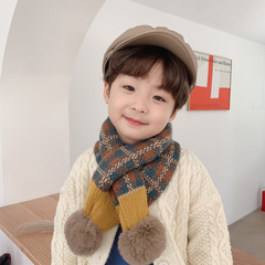Children's Crossed Pom-Pom Knitted Scarf for Autumn and Winter, Warm, Unisex, Korean Style Trendy Neck Scarf, Checkered Scarf
