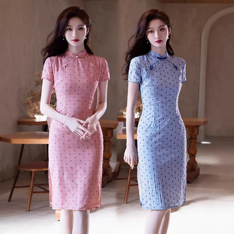 Retro Republic of China style pink wave dot cheongsam sweet girl dress 2025 spring and summer new small gentle