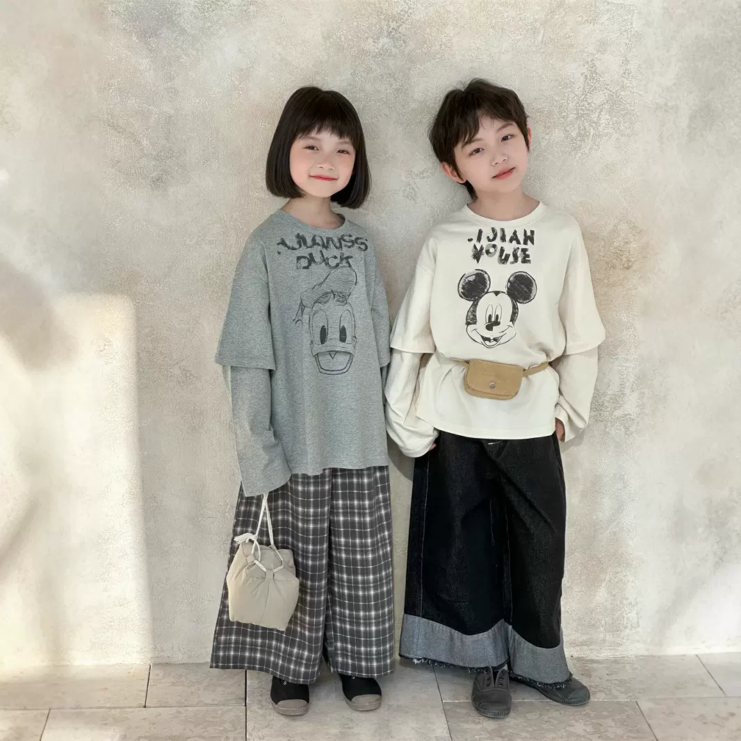 2025秋季新款韩版儿童假两件卡通印花T恤男女童宽松百搭圆领长袖