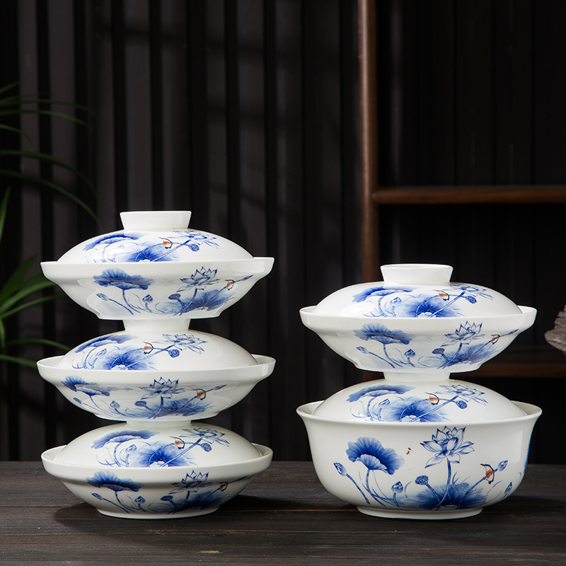 釉口景德镇陶瓷和合器四菜一汤带盖汤碗菜盘防串味中式青花骨瓷盘