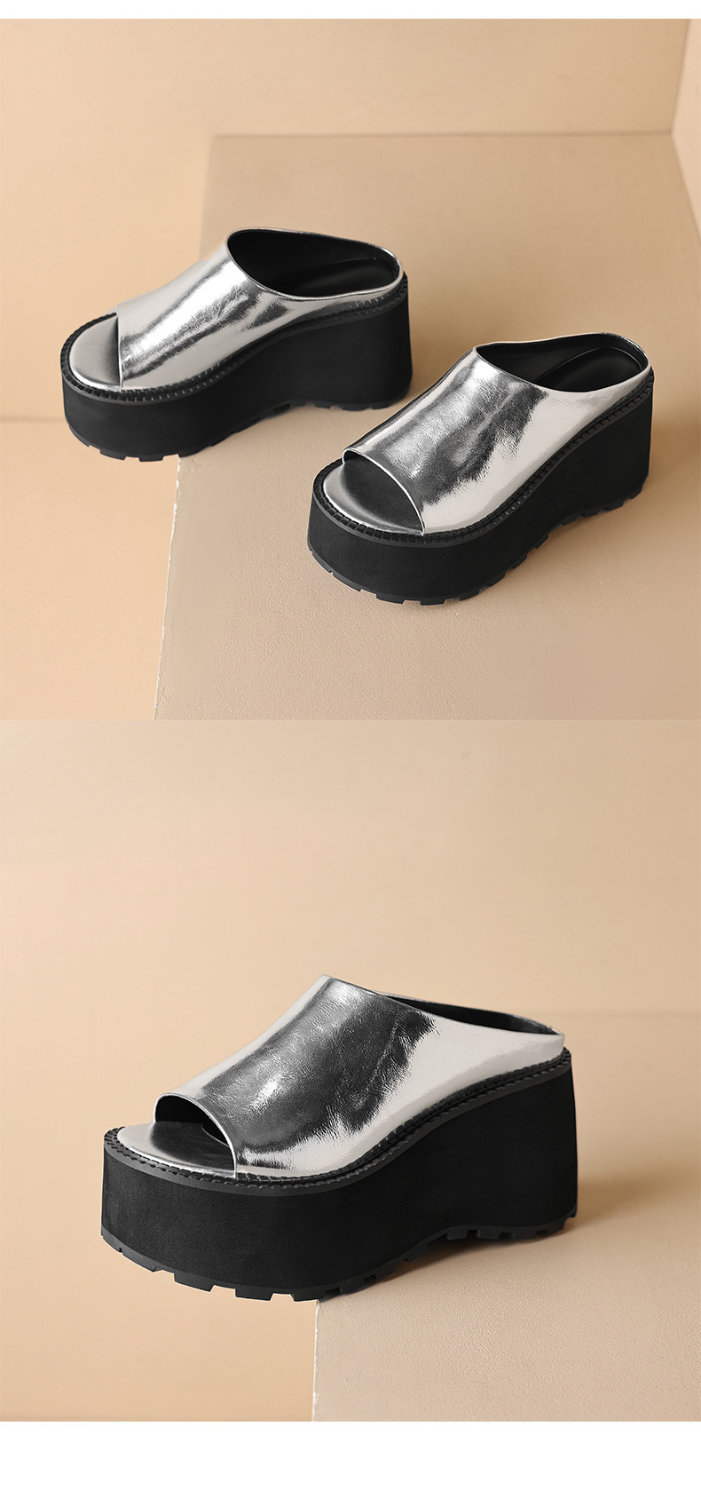 Dép sandal nữ xỏ ngón đế bệt da thật mũi hở phong cách tối giản — màu đen, màu vàng, bạc chi tiết 14