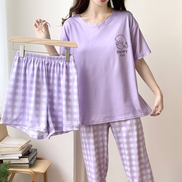 Oxygen Girl Pajamas Women's Summer New Macaron Healing Purple Short-Sleeved Home Clothes Three-Piece Set Can Be Weared Outside