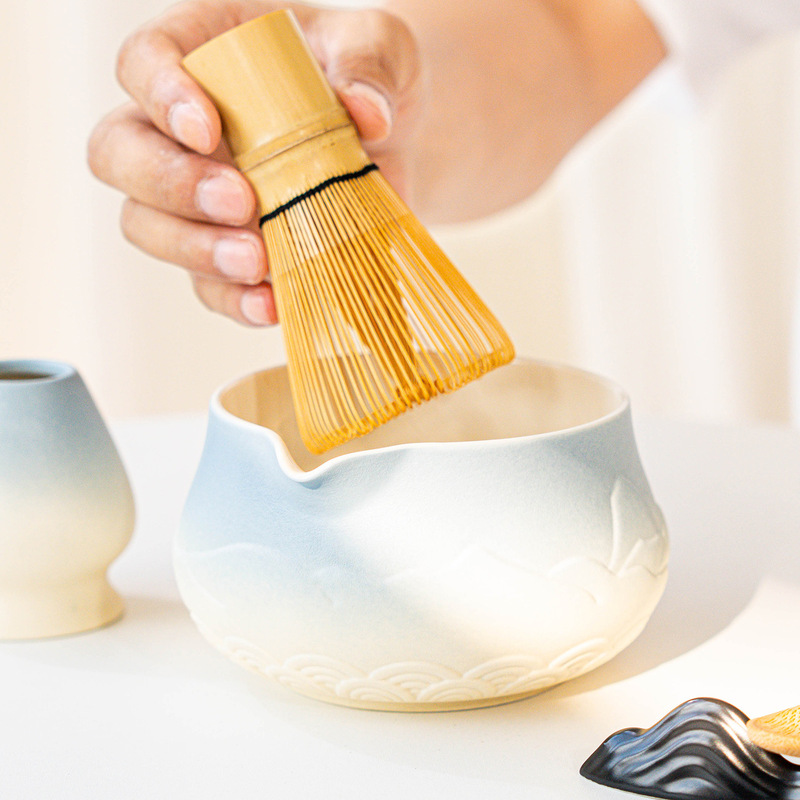日本製粗陶器抹茶セット風景画抹茶ボウル注ぎ口付きセラミック茶筅7点セットギフトボックスハイエンド|undefined