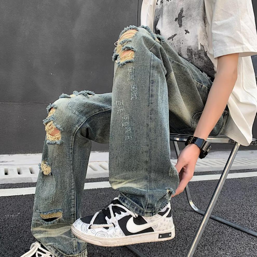 boy Ripped Jeans For Men, Trendy Brand, European And American Street Style Pants, Vintage High Street, Distressed Washed_viptrois.com