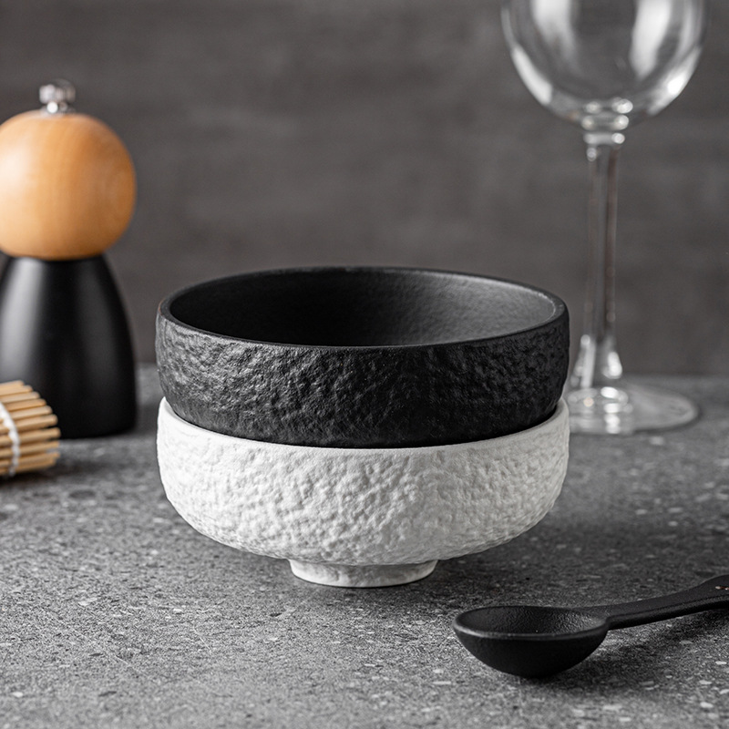 High-Appearance Value Instagram-Style Black and White Stone-Pattern Ceramic Bowl, Japanese-Style Noodle Bowl, Household Soup Bowl, Creative Rustic Ceramic Rice Bowl for Restaurant Use