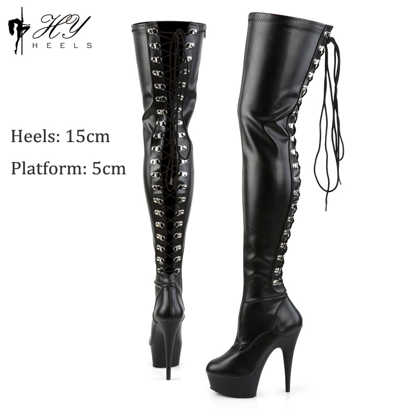 Boot nữ cao gót 15cm cổ cao quá đầu gối đế dày — Màu đen