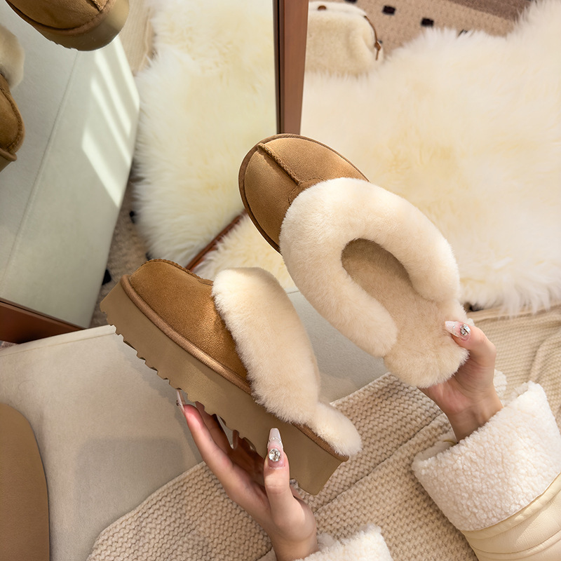 Shanpo Village Thick-Soled Fur Half-Slippers for Outer Wear 2024 Winter New Fleece-Lined Cotton Shoes Fur Integrated Snow Boots for Women