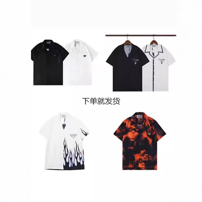 New European and American Fashion Brand Flocking PRA Full Print DA Velcro Pula Short Sleeve Shirt Men's and Women's Half Sleeve Shirt