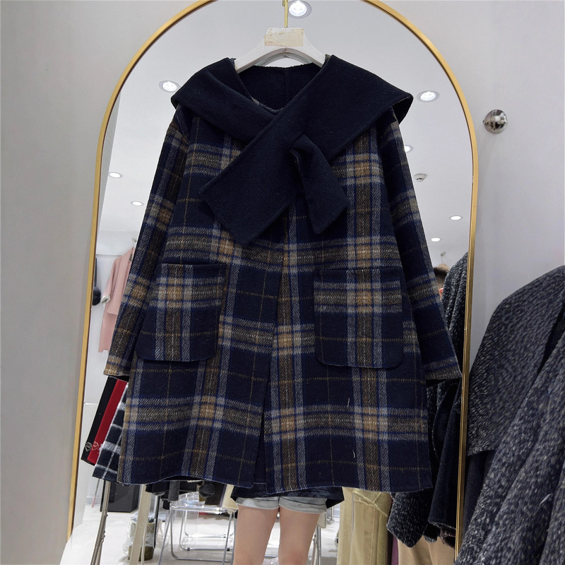 2025 Autumn and Winter Plaid Shawl Collar Double-Sided Cashmere Coat Women's Korean Style High-Quality Woolen Coat