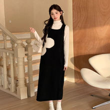 黑色针织背带连衣裙子女秋冬2024新款感小香赫本风早春装网纱