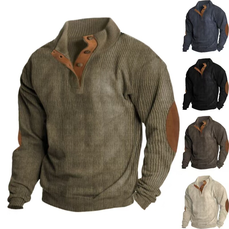 2024 European and American Cross-Border Independent Station Amazon Sweatshirt Corduroy Pullover Henry Shirt Men's Casual Long-Sleeved T-Shirt