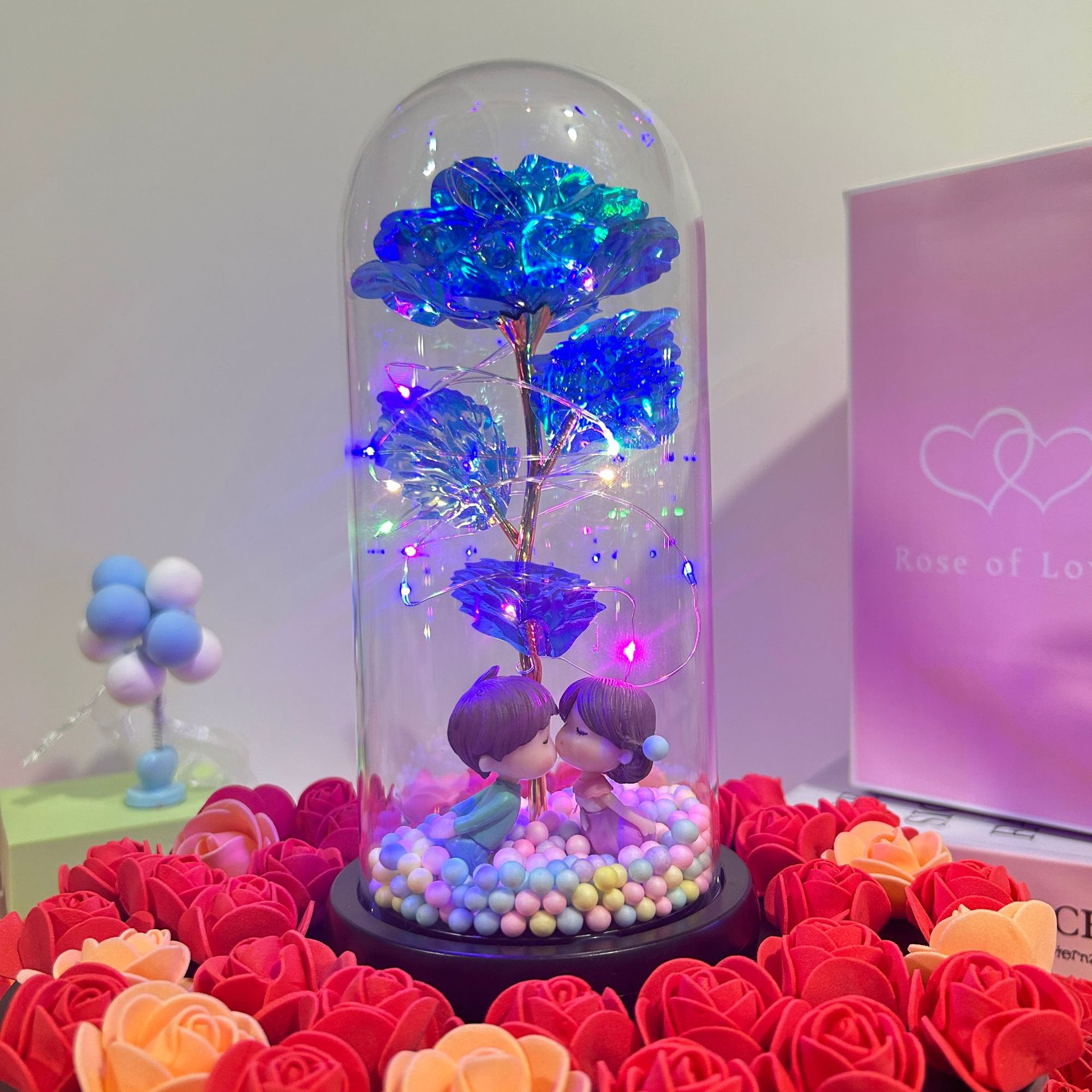 Flor inmortal rosa lámpara de vidrio Qixia Día de San Valentín 520 regalos de flores simuladas adornos de regalo para la madre para la novia