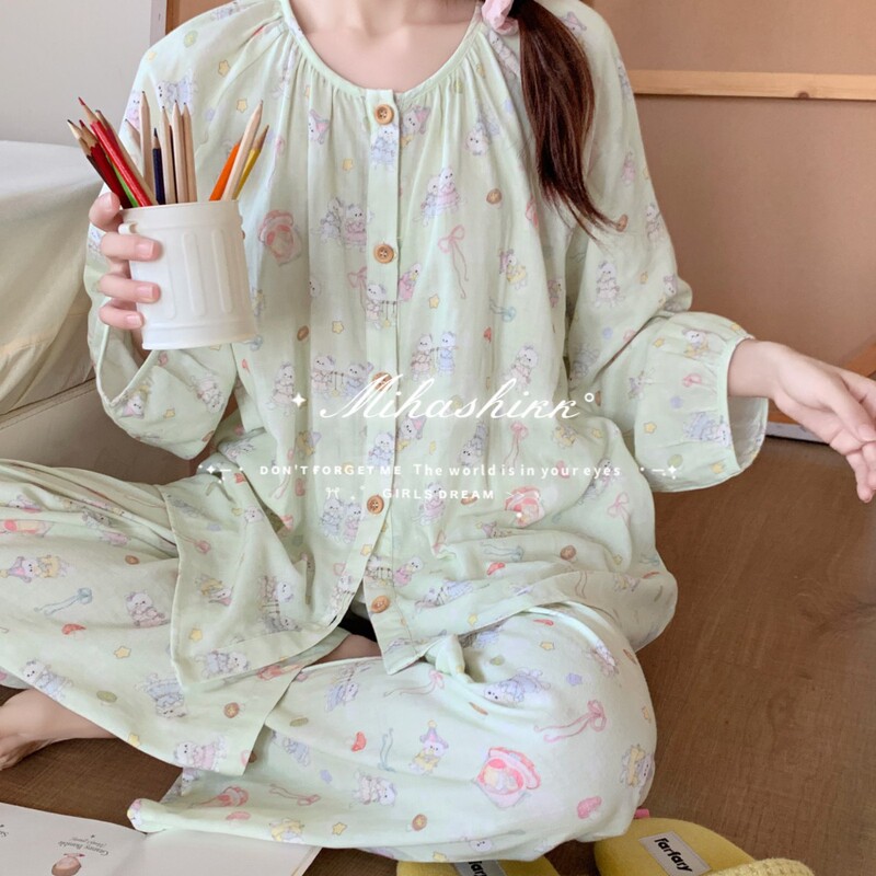 Mihashikk 100% cotton pure cotton baby double-layer gauze long-sleeve pajamas for women 2026 cotton gauze home wear wholesale