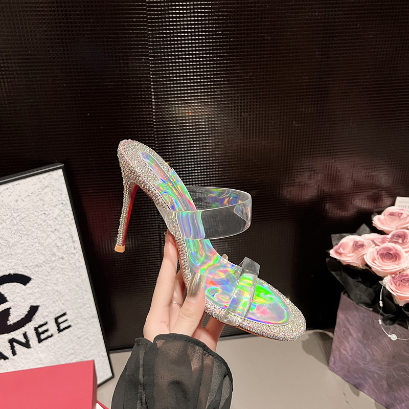 Women's Handmade Rhinestone-Studded Red-Soled Sandals with a Single Strap, High-Heeled Sexy Sandals, Available for Wholesale, Ultra-High Heels, Sexy and Popular Style