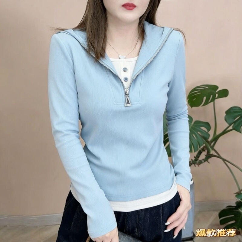 Two-Piece Style Sweatshirt for Women, 2026 Spring and Autumn New Trendy Slim-Fit T-Shirt for Petite Figures, Navy Collar, Color-Blocking, Long Two-Piece Style Sweatshirt for Women, 2026 Spring and Autumn New Trendy Slim-Fit T-Shirt for Petite Figures, Navy Collar, Color-Blocking, Long