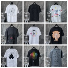 潮牌克罗伈彩色十字架拼皮梵文马蹄纯棉短袖T恤男女款高.级感拼皮