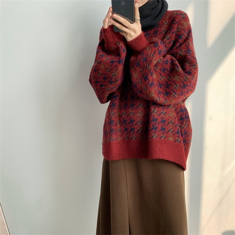 Autumn and Winter New Christmas Thickened Wine Red Sweater for Women's Retro Hong Kong Style, Luxury and Lazy French Style_voghion.com