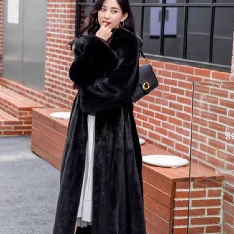 冬季新款环保皮草外套女加长款过膝宽松连帽腰带高级感仿貂皮大衣
