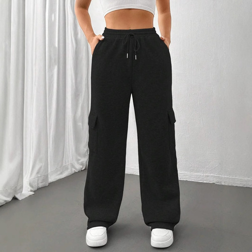 Men's and Women's Drawstring Spring and Autumn Wide Leg Loose New Style Multifunctional Pocket Sport Pants with Waistband