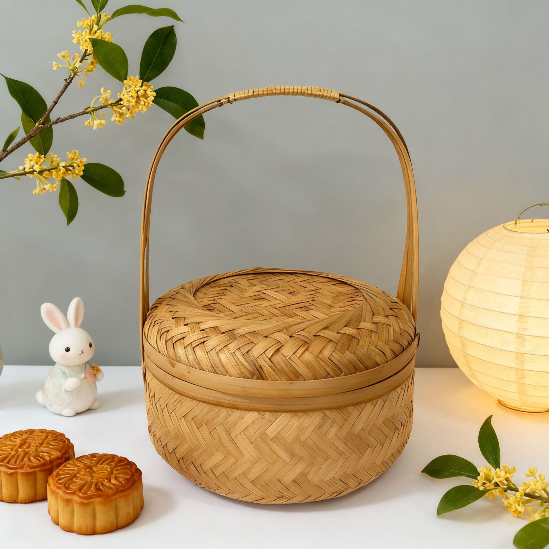 Cesta de Regalo de Bambú Grande con Tapa para Pasteles de Luna y Té