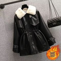 2025 秋冬新作大きいサイズハイストリートレザージャケット女性のファッショナブルなウエストとベルベットの厚みのある PU レザージャケット