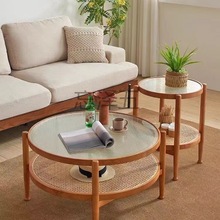 Zy北欧圆形实木玻璃茶几茶几组合家用小户型客厅日式简约藤编玻璃