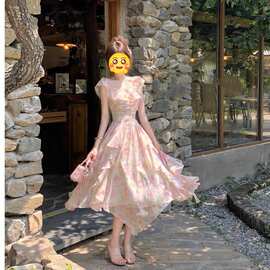 2026跨境春秋款绝美飘逸海边度假碎花大摆连衣裙夏一字肩长裙外贸