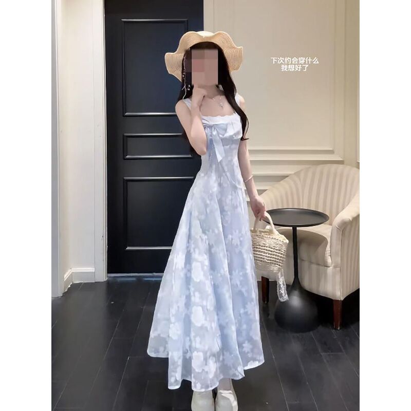 Yunmo Flower Jasmine Elegant Bowknot Strap Dress, High-end Style, Slimming, Large Hem, Fairy Long Dress