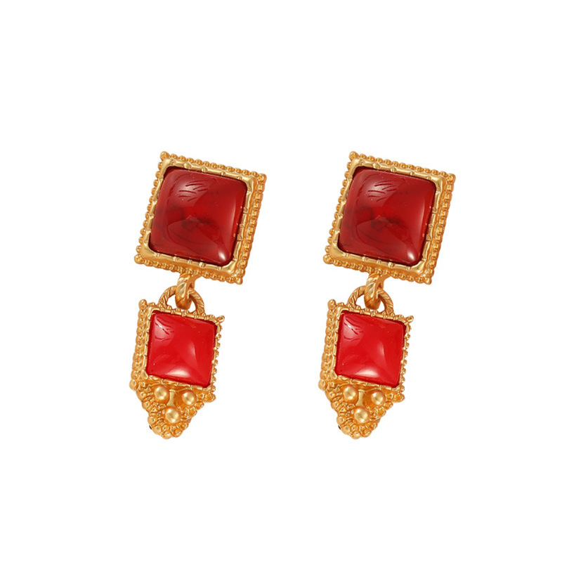 Medieval red square palace style geometric earrings, high-end, exquisite, light luxury, retro vintage silver needle earrings_voghion.com