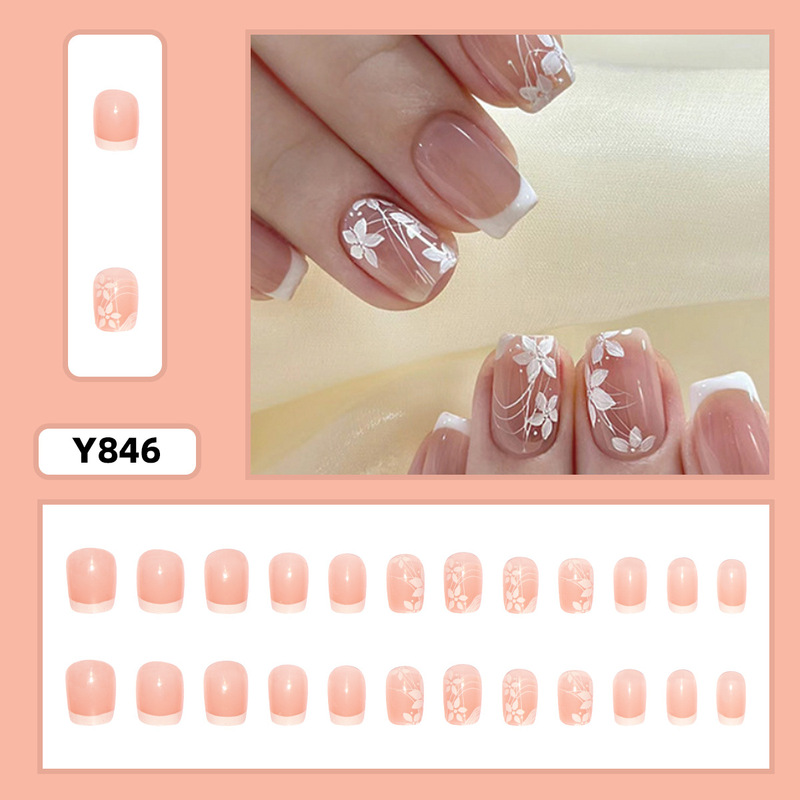 Spring Flower Press-On Nails, Simple French White Manicure, Short Medium-Length Square Fake Nails, Detachable Nail Pieces