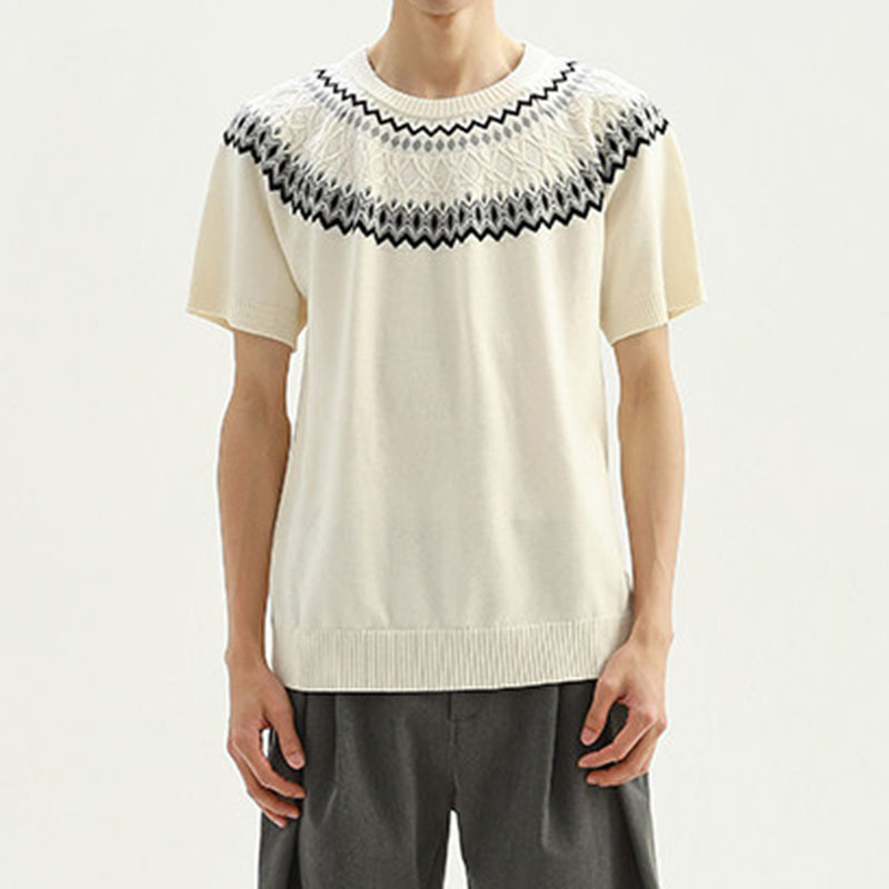 Isla de Fair camiseta de punto de manga corta camiseta de cuello redondo jacquard hombre viejo estilo casual hielo de verano fábrica transfronteriza mayorista