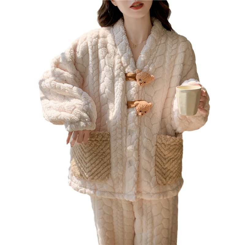 Pijamas de lana de coral para mujer de invierno de manga larga 2024 nueva franela engrosada y cálida primavera y otoño traje de servicio a domicilio