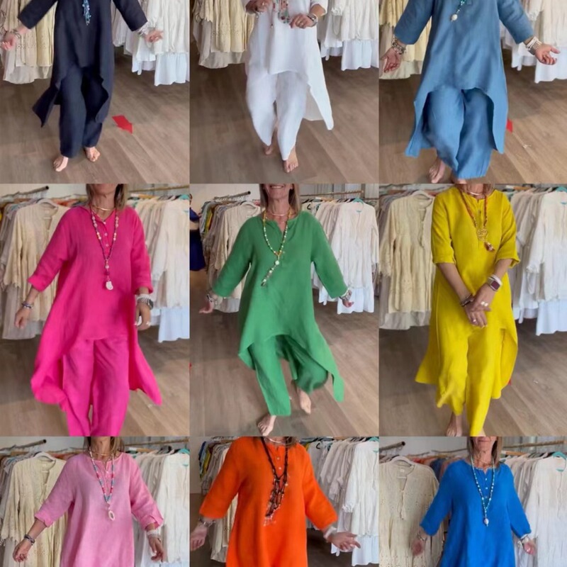 2025 European and American Cross-Border Summer New Women's Clothing Independent Station Pure Color Casual Long-Sleeved Cotton and Linen Dress Pants Suit 2025 European and American Cross-Border Summer New Women's Clothing Independent Station Pure Color Casual Long-Sleeved Cotton and Linen Dress Pants Suit