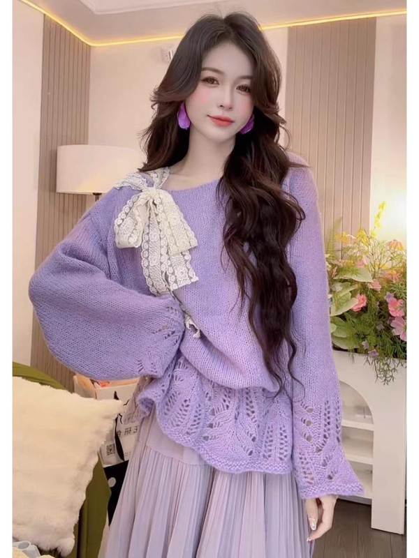 2025新款温柔紫色蕾丝蝴蝶结系带套头毛衣春秋甜美宽松针织衫上衣|undefined