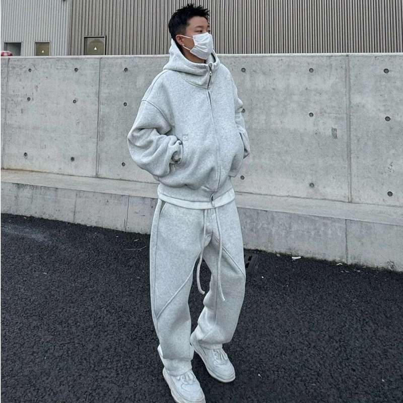 简约美式重磅连帽卫衣开衫男潮流阔版系带休闲裤宽松两件休闲套装|undefined