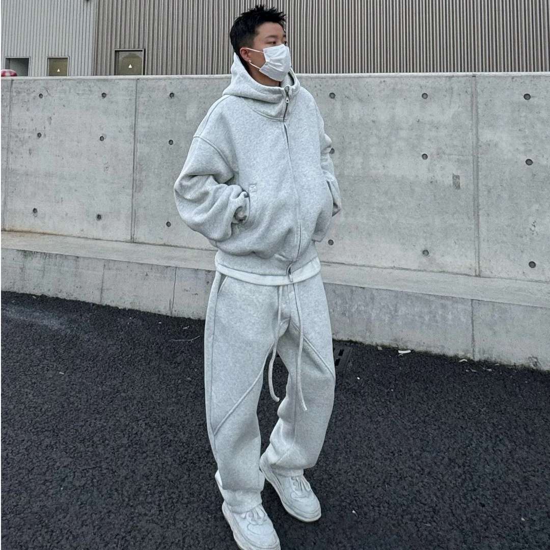 Simple americano pesado con capuchón cardigan hombre estilo amplio lazos pantalones casuales sueltos de dos piezas set casual