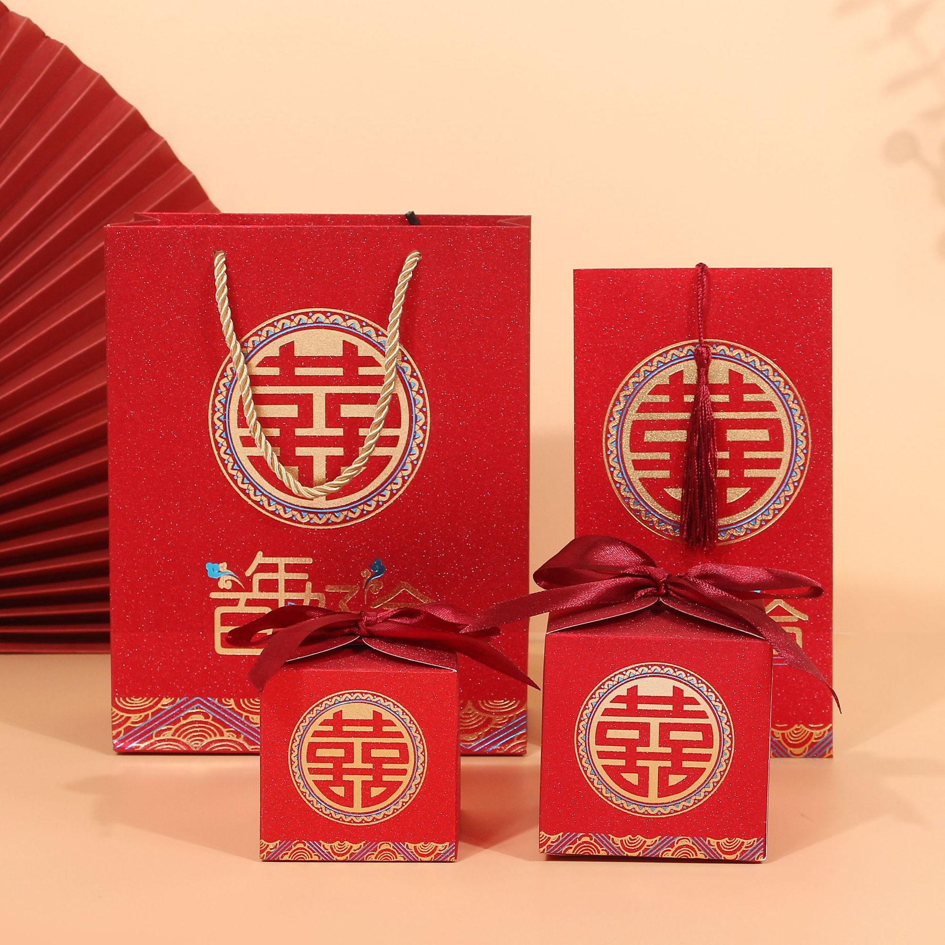 "Centennial Happiness Flowery Edging Invitation Set of Three Wedding Candy Boxes, Chinese Wedding Invitation, Can Hold Cigarettes and Candies"