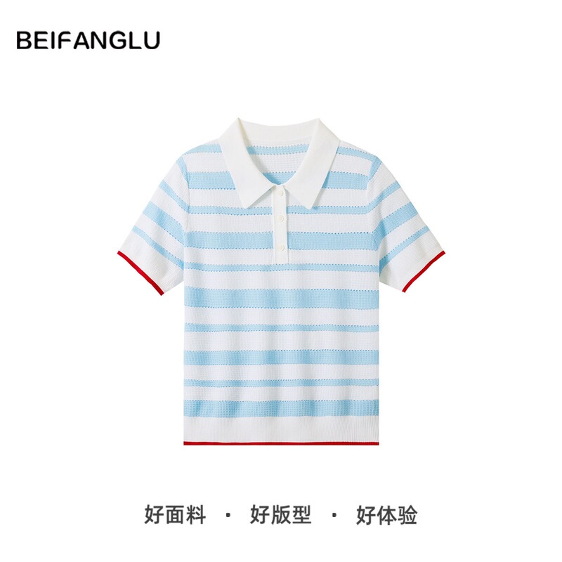 Northern Deer [70.9 Lyocell 22.4 Cotton 6.7 Mulberry Silk] Summer Lapel Striped Knit Short Sleeve 261198