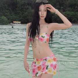 新款甜辣妹设计感玫瑰印花吊带背心三角裤内衣比基尼两件套女