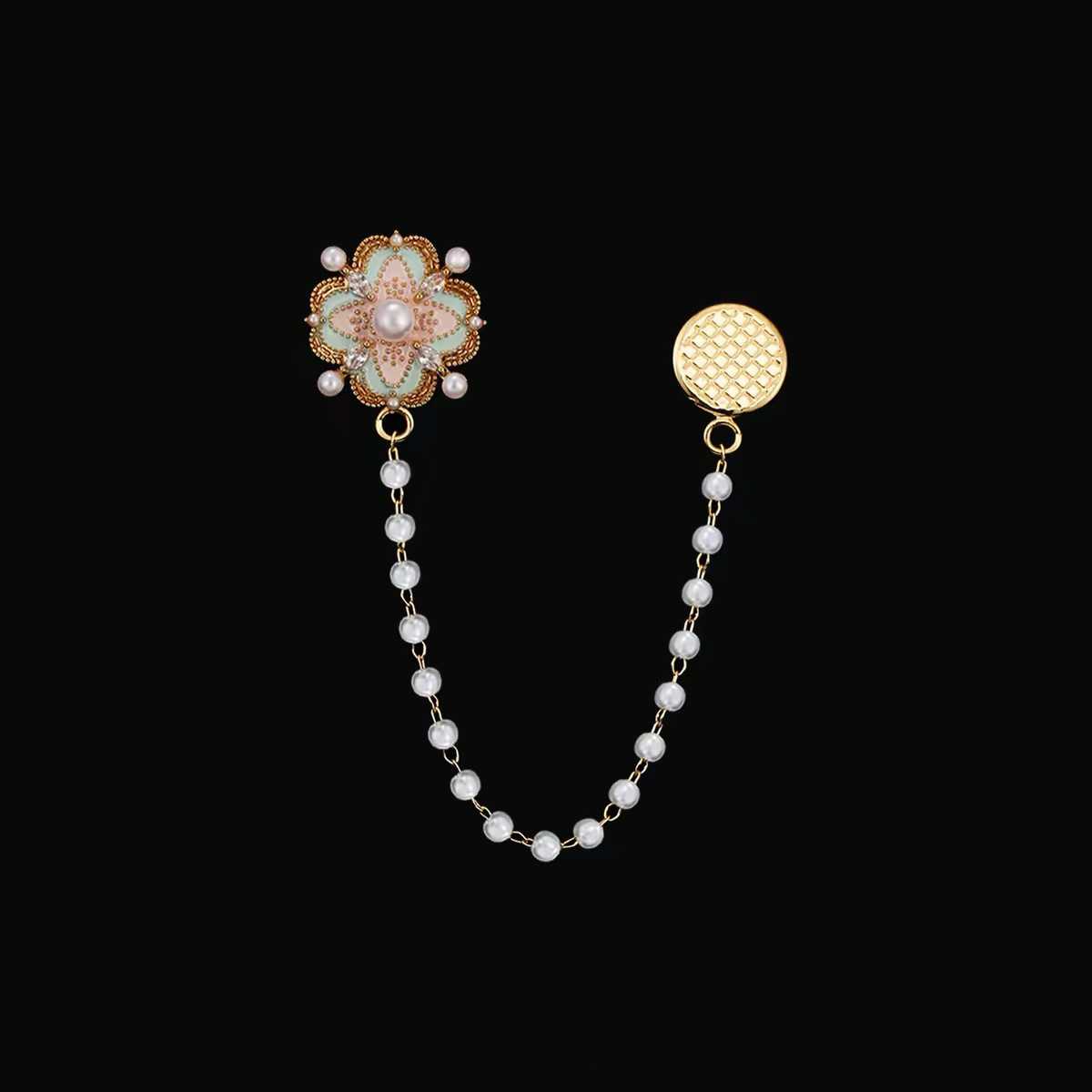 New Chinese-style floral pearl chain brooch for women with magnetic clasp, anti-drag clothing accessory pin