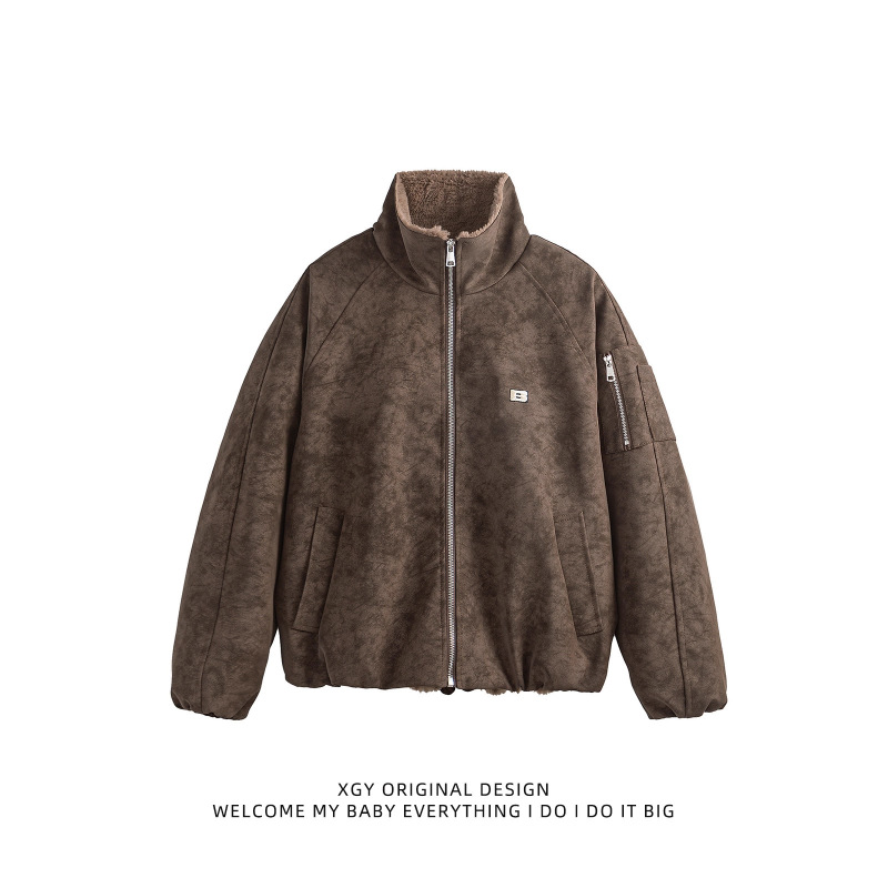 American-Style Faux Rabbit Fur Pu Leather Cotton Jacket for Men, Trendy Brand with Stand Collar Design, Casual Winter Thickened Warm Workwear Coat