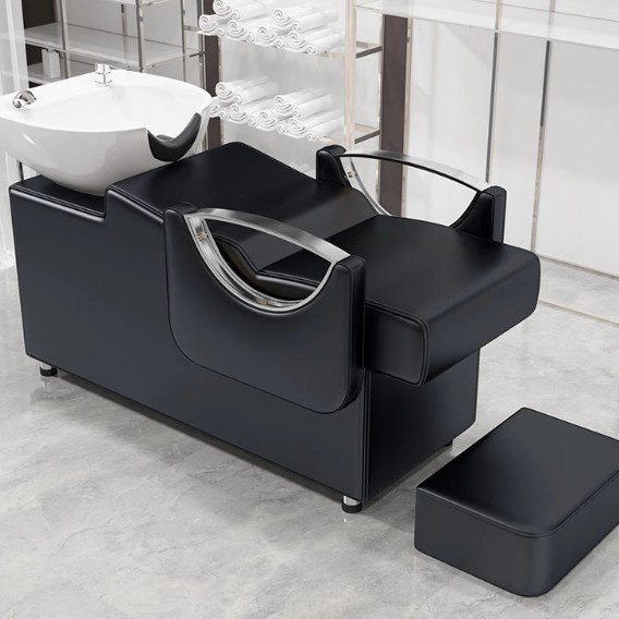 Peluquería Cama de champú Peluquería Masaje especial Terapia de cabeza Lavabo de cerámica Brazalanos de acero inoxidable Cama de champú de peluquería semi-reclinada