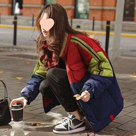 棉服年冬季新款女拼接加厚潮拼色棉衣小个子韩版宽松棉袄