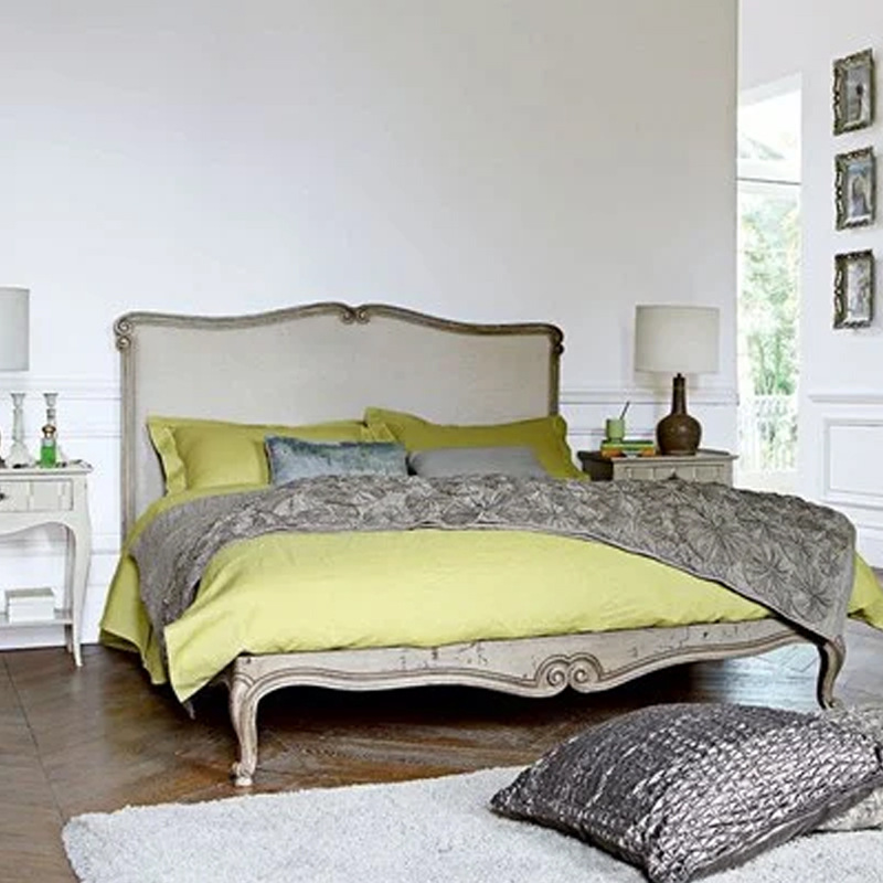 French vintage solid wood bed, American linen soft back carved double bed, modern minimalist light luxury distressed daughter's room bed