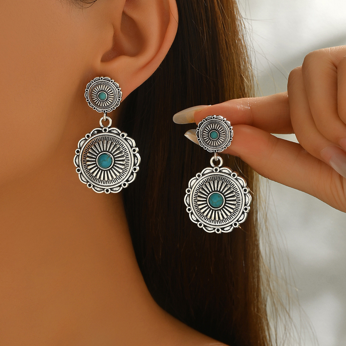 Cross-Border Export New Style Retro Ethnic Style Bohemian Alloy Inlaid Turquoise Pumpkin Flower Pendant Earrings for Women