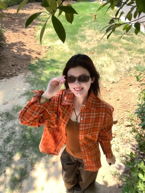 美式复古橙色宽松刺绣格子长袖衬衫开衫上衣女休闲慵懒感百搭外套|undefined