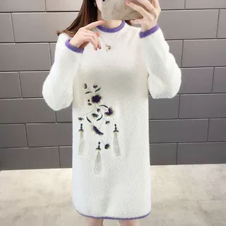 仿水貂绒连衣裙女大码时尚秋冬女装毛衣裙女新款保暖加厚宽松显瘦