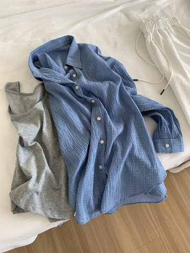 2025 Autumn Art Retro Relaxed Washed Cotton Blue Check Shirt for Women, Lightweight Breathable Loose Korean Style Shirt